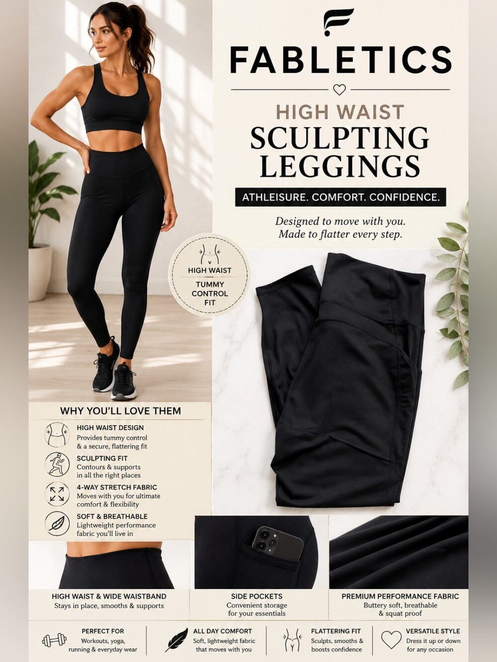 Fabletics High Waist Black Sculpting Leggings Athleisure Activewear Pants